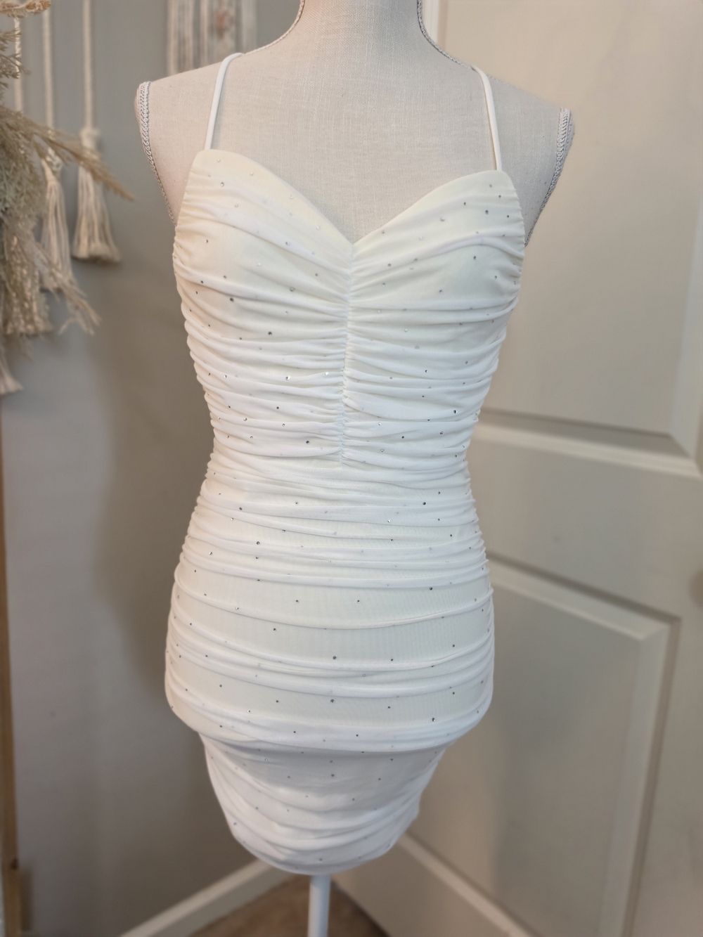 privy White Ruched Spaghetti Strap Mini Dress with Subtle Sparkle